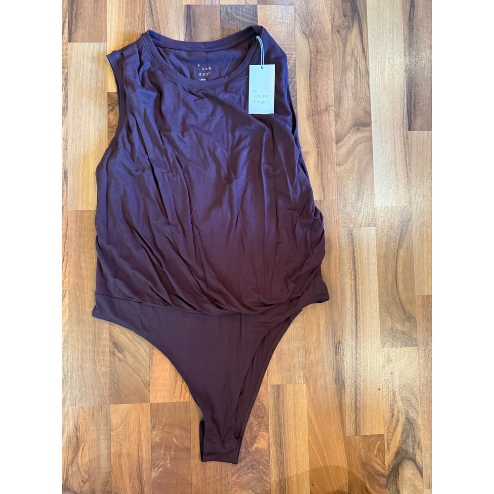 A New Day Bodysuit Womens Large Dark‎ Brown NEW Drape Front Sleeveless Crewneck